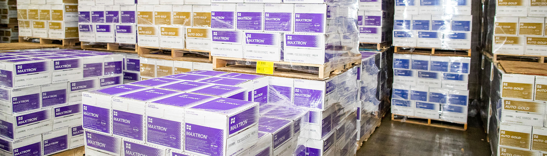 Pallets filled with Cenex Maxtron lubricants