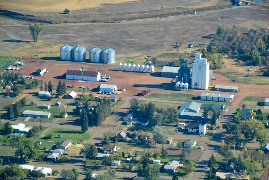 Aerial of a co-op with grain silos